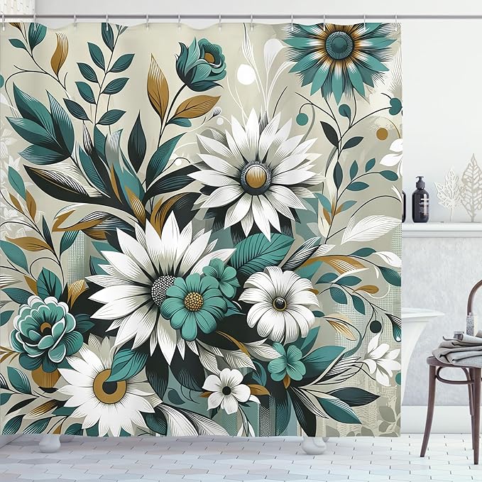 Ambesonne Teal Shower Curtain, Modern Urban Jungle Boho Concept Dancing Daisy with Curving Leaves Huddle, Cloth Fabric Bathroom Decor Set with Hooks, 69" W x 75" L, Sea Green Pale Mustard