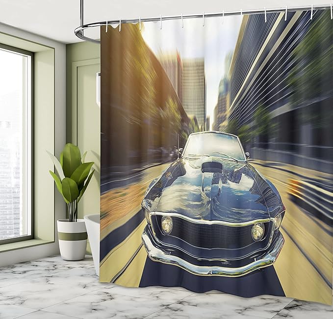 Ambesonne Retro Shower Curtain, Vintage Classic Car in Urban Street Old Fashion Auto in Town Nostalgia Picture, Cloth Fabric Bathroom Decor Set with Hooks, 69" W x 70" L, Sepia Grey Grey