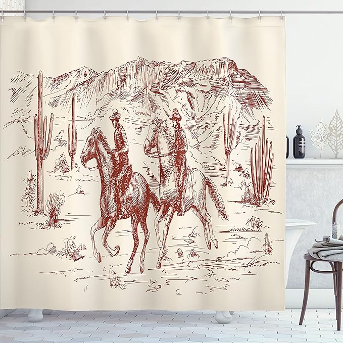 Ambesonne Western Shower Curtain, Country Theme Hand Drawn Illustration of American Wild West Desert with Cowboys, Cloth Fabric Bathroom Decor Set with Hooks, 69" W x 70" L, Cream Maroon