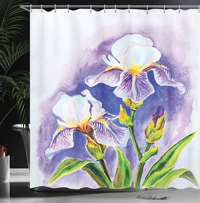 Ambesonne Watercolor Flower Shower Curtain, Painting of Iris Flower Spring Season Blooming Plant Nature Art, Cloth Fabric Bathroom Decor Set with Hooks, 69" W x 84" L, Violet Green