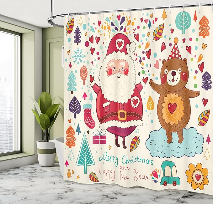 Ambesonne Christmas Shower Curtain, Santa and Teddy Bear Vintage Christmas Season Ornaments Party Theme, Cloth Fabric Bathroom Decor Set with Hooks, 69" W x 84" L, Red Blue