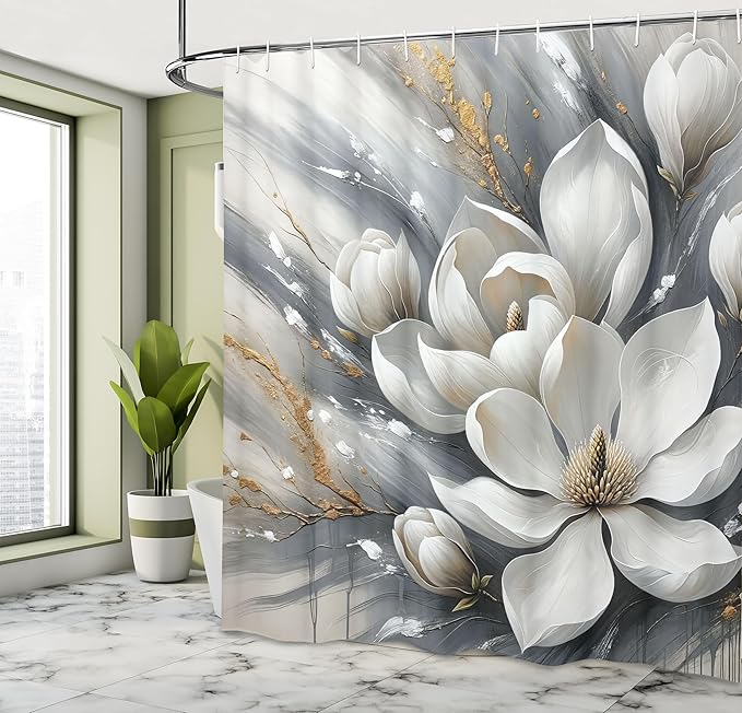 Ambesonne Grey Shower Curtain, Blooming Dreamy Magnolia Flowers with Marble Print Details Bohemian Art Floral, Cloth Fabric Bathroom Decor Set with Hooks, 69" W x 84" L, Ivory Slate Blue