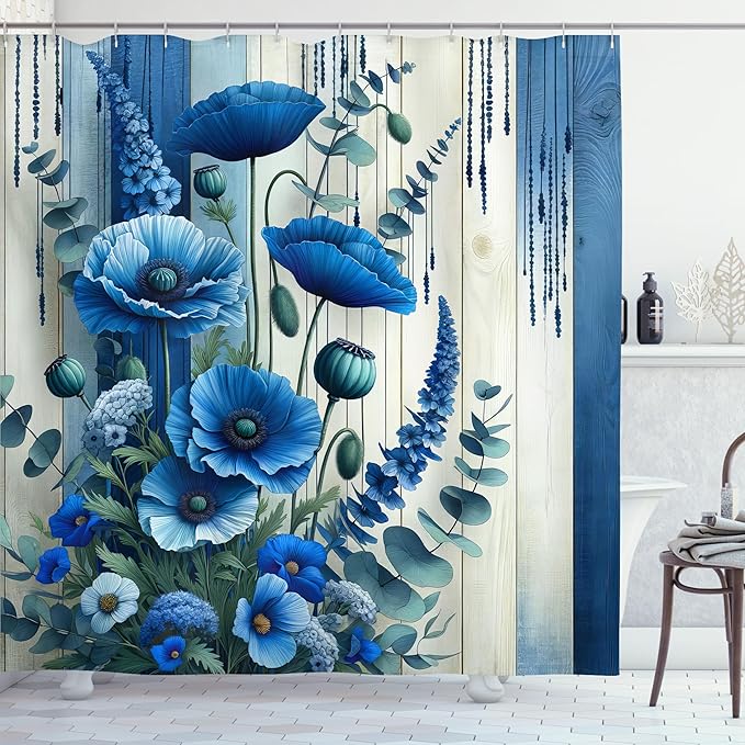 Ambesonne Blue Shower Curtain, Poppy Flowers Meadow Bouquet on Rustic Grunge Look Wooden Plank Back, Cloth Fabric Bathroom Decor Set with Hooks, 69" W x 75" L, Dark Turquoise and Off White