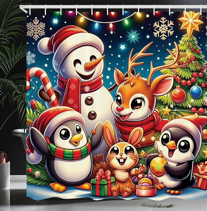 Ambesonne Christmas Shower Curtain, Colorful Winter Happiness Theme Cartoon Deer Penguin Rabbit and Snowman, Cloth Fabric Bathroom Decor Set with Hooks, 69" W x 75" L, Green Red Multicolor