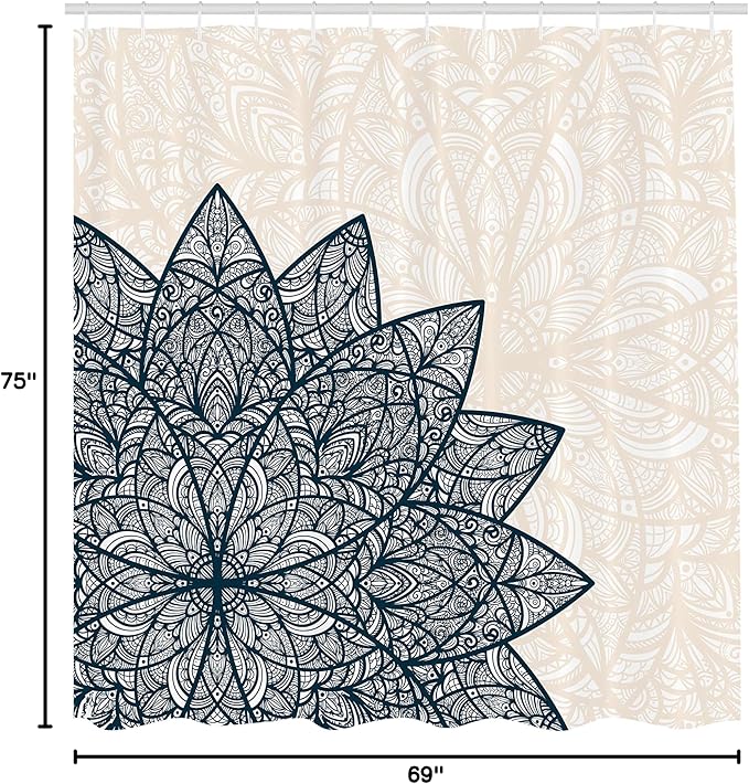 Ambesonne Ethnic Shower Curtain, Floral Mandala Middle Eastern Oriental Swirled Lines Art Print, Cloth Fabric Bathroom Decor Set with Hooks, 69" W x 75" L, Dark Sky