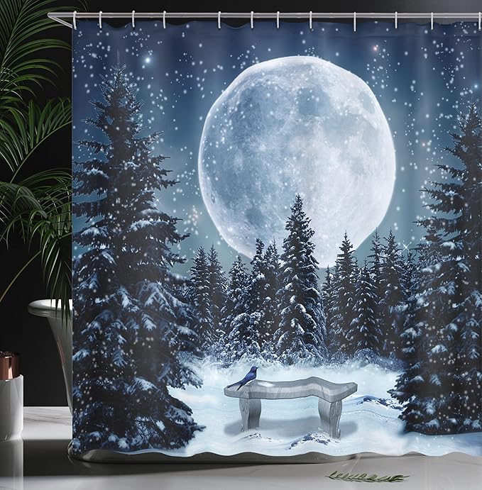 Ambesonne Winter Shower Curtain, Dreamy Cold Night a Big Full Moon and Bench Park Stars in The Darkness, Cloth Fabric Bathroom Decor Set with Hooks, 69" W x 70" L, White Blue