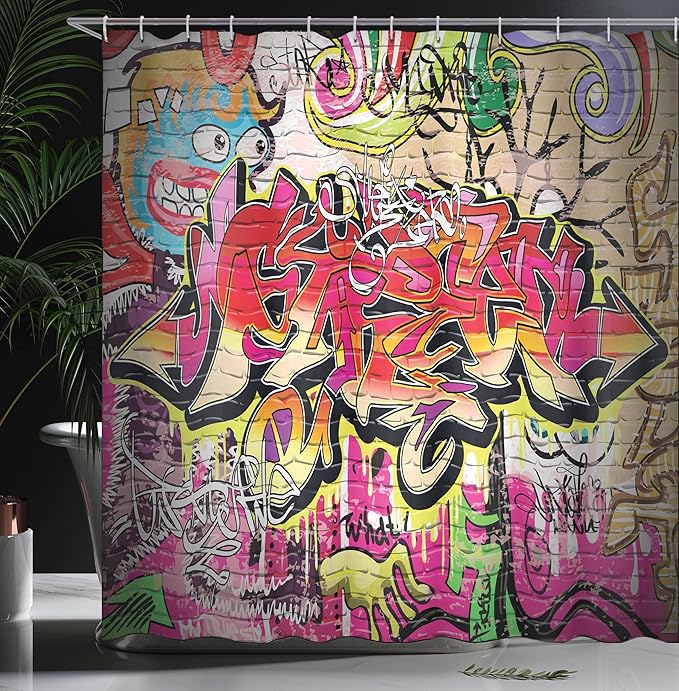 Ambesonne Brick Wall Shower Curtain, Graffiti on Wall Urban Street Art with Spray Paint Tagger Underground Theme, Cloth Fabric Bathroom Decor Set with Hooks, 69" W x 75" L, Soft Red