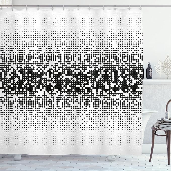 Ambesonne Modern Shower Curtain, Digital Art Print with Geometrical Squares Dots Abstract Ombre Image Print, Cloth Fabric Bathroom Decor Set with Hooks, 69" W x 70" L, Black and White