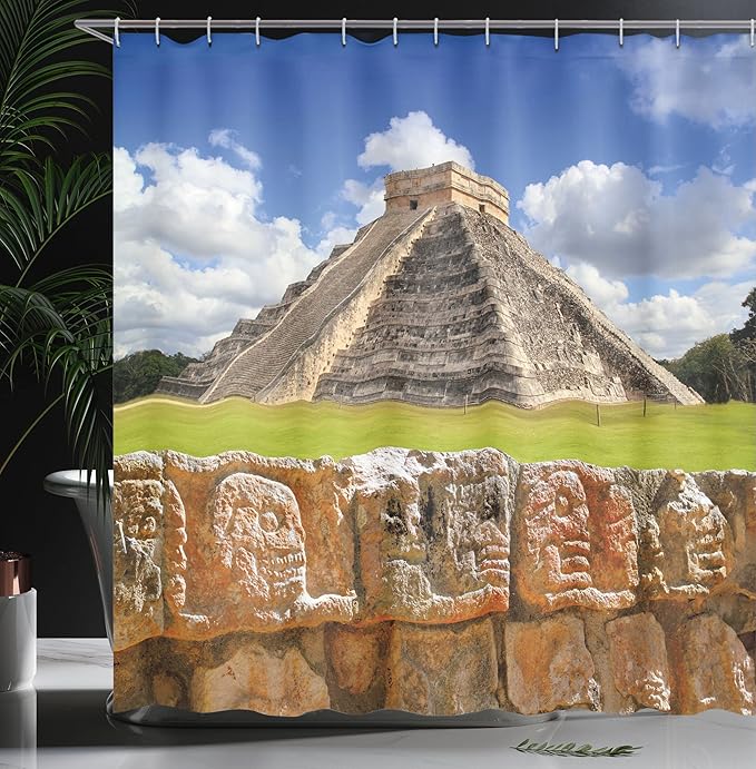 Ambesonne Vintage Shower Curtain, Wall of Skulls and Kukulkan Pyramid El Castillo Scenery Photo, Cloth Fabric Bathroom Decor Set with Hooks, 69" W x 70" L, Charcoal Grey Lime Green