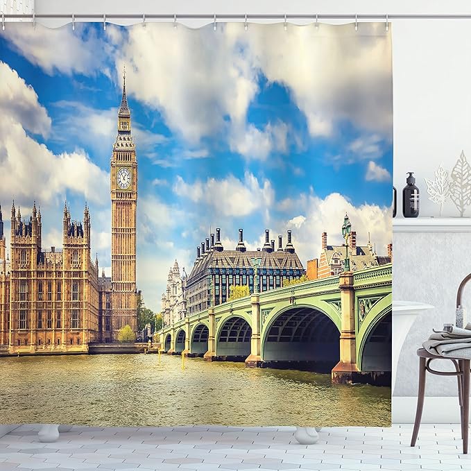 Ambesonne London Shower Curtain, Big Ben Clock Tower and Westminster Bridge Cloudy Day in Spring, Cloth Fabric Bathroom Decor Set with Hooks, 69" W x 70" L, Pale Green Pale Brown