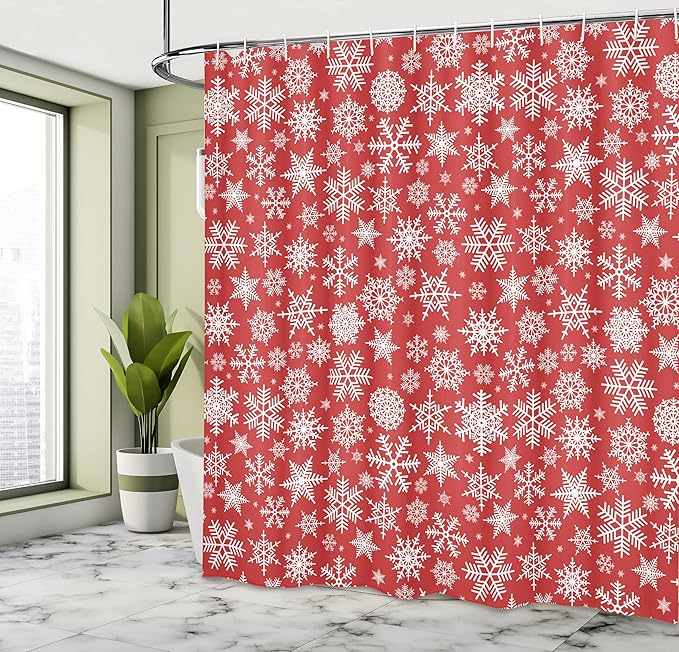 Ambesonne Red Shower Curtain, Various Different Snowflakes with Rich Details Christmas Season in Wintertime, Cloth Fabric Bathroom Decor Set with Hooks, 69" W x 70" L, White and Vermilion