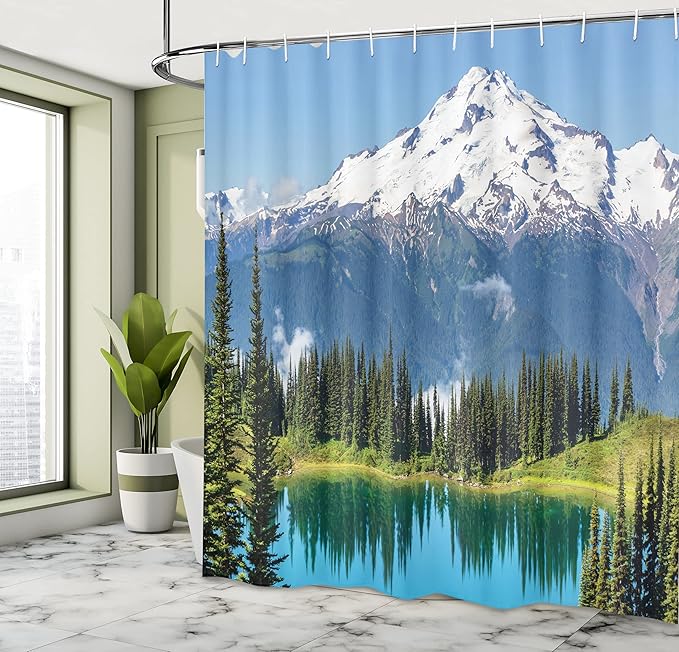 Ambesonne Landscape Shower Curtain, Lake and Snowy Glacier Peak in USA Tall Pine Tree Forest Illustration, Cloth Fabric Bathroom Decor Set with Hooks, 69" W x 70" L, White Green and Blue