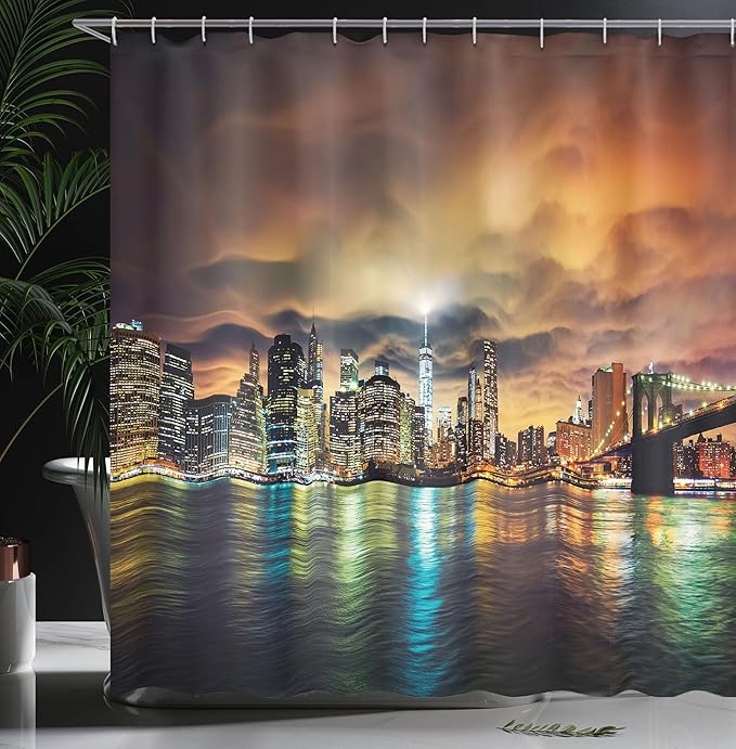 Ambesonne NYC Shower Curtain, View of Manhattan at Sunset with Dramatic Sky Clouds Dark Architecture Evening Picture, Cloth Fabric Bathroom Decor Set with Hooks, 69" W x 75" L, Brown Yellow
