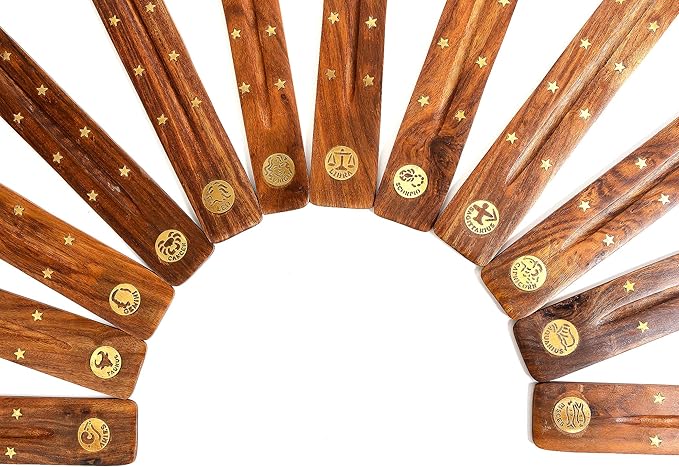 Incense Garden Pack of 12 Wooden Incense Holder for Sticks with Inlays of Brass 10 inches Long - Zodiac