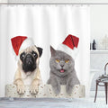 Ambesonne Pug Shower Curtain, Christmas Themed Animal Photography a Cat and Dog Wearing Santa Hats Print, Cloth Fabric Bathroom Decor Set with Hooks, 69" W x 70" L, Cream Grey