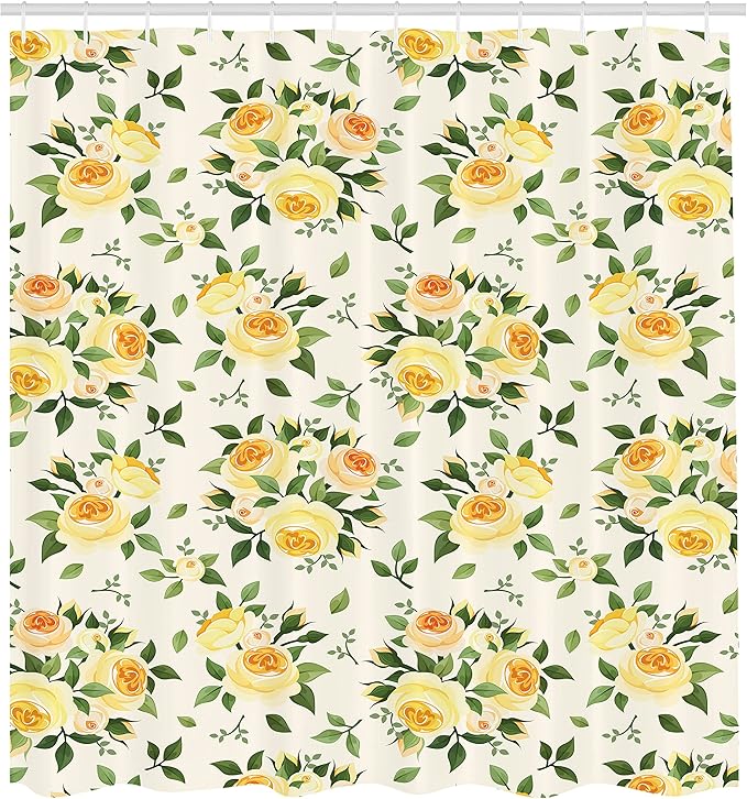 Ambesonne Rose Shower Curtain, Roses Hybrid Flora Park Summer European Old Fashioned Antique Design Pattern, Cloth Fabric Bathroom Decor Set with Hooks, 69" W x 70" L, Yellow Green Beige