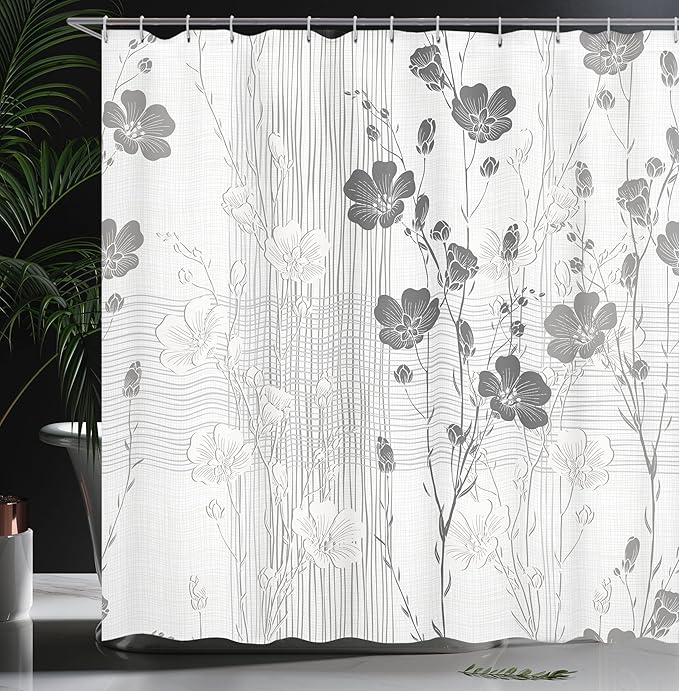 Ambesonne Flower Shower Curtain, Blooming Buds and Hibiscus Flowers with Simple Striped and Crossed Pattern Print, Cloth Fabric Bathroom Decor Set with Hooks, 69" W x 75" L, Ivory Grey