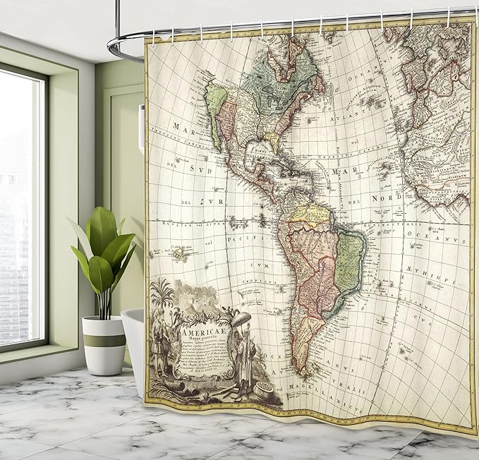 Ambesonne giftwrapShower Curtain, Old Map Europe North South America Canada Medieval Atlantic Heritage Travel, Cloth Fabric Bathroom Decor Set with Hooks, 69" W x 84" L, Ivory Olive