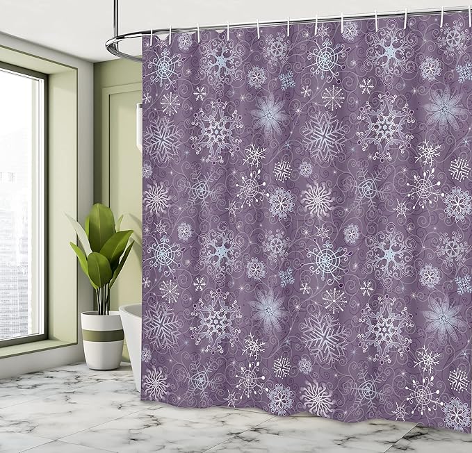 Ambesonne Eggplant Shower Curtain, Christmas Inspired Flowers Snowflakes and Swirls in a Violet Delicate Environment, Cloth Fabric Bathroom Decor Set with Hooks, 69" W x 70" L, Violet