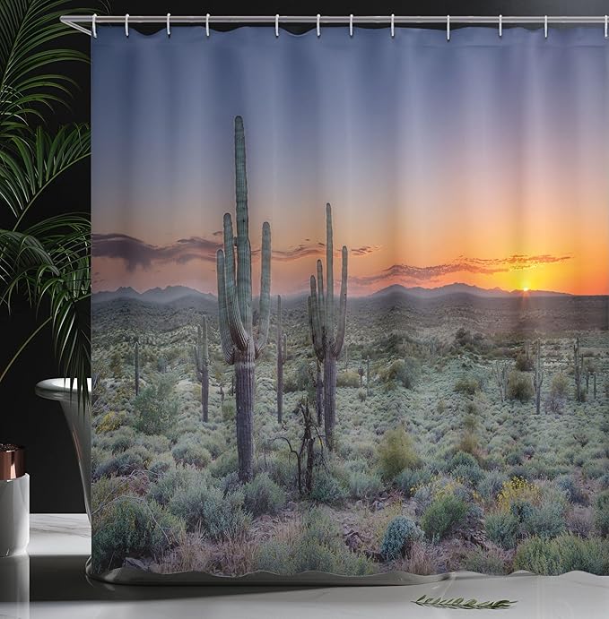 Ambesonne Saguaro Shower Curtain, Sunset Over The Phoenix Valley in Arizona Mountain State Park, Cloth Fabric Bathroom Decor Set with Hooks, 69" W x 84" L, Night Blue