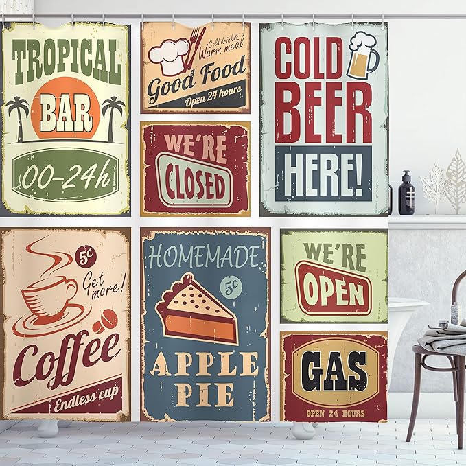 Ambesonne 1950s Shower Curtain, Vintage Style Signs Advertising Beverage Coffee Drink Aged Glass Tropical Nostalgia, Cloth Fabric Bathroom Decor Set with Hooks, 69" W x 75" L, Burgundy Ivory