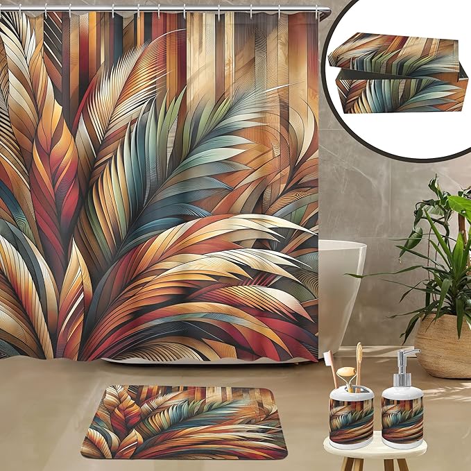 Ambesonne Aesthetic Bathroom Decor Set 4 Pcs Including Shower Curtain with Hooks Bath Mat Soap Dispenser Toothbrush Holder in Box Essentials & Accessories, Boho Rustic Leaves, Burnt Orange Teal Blue