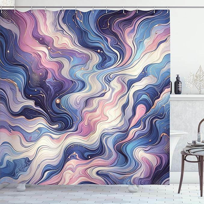 Ambesonne Purple Shower Curtain, Oil Paint Like Marble Print Warm Deep Tones Mystery of The Universe, Cloth Fabric Bathroom Decor Set with Hooks, 69" W x 75" L, Quartz Mustard Azure Blue