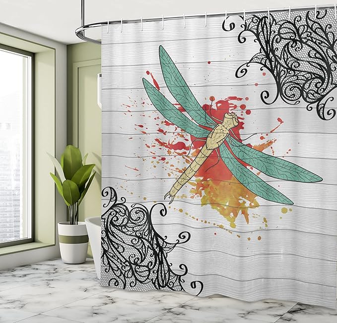 Ambesonne Dragonfly Shower Curtain, Insect in Warm Tones on a Greyscale Backdrop with Victorian Style Elements, Cloth Fabric Bathroom Decor Set with Hooks, 69" W x 70" L, Orange Grey