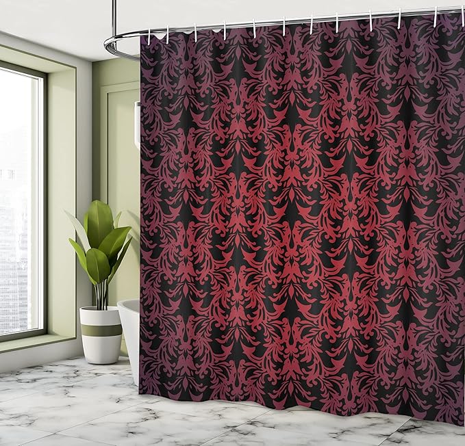 Ambesonne Victorian Shower Curtain, Antique EuropeDesign Floral Swirls and Leaves Ombre Image, Cloth Fabric Bathroom Decor Set with Hooks, 69" W x 84" L, Burgundy Vermilion
