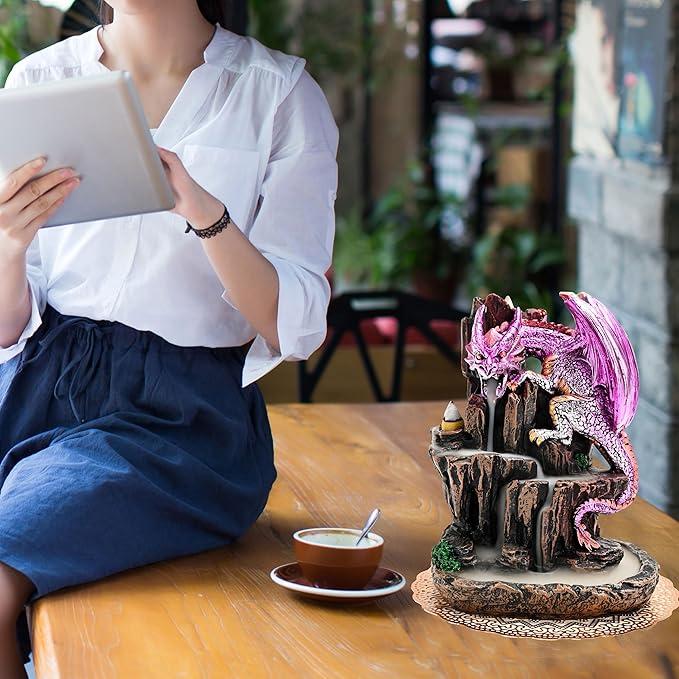 Dragon Backflow 2 Sided Mountain Waterfall Incense Burner,Fountain Smoke Incense Holder with Backflow Incense Cones, Tweezers, Mat，Resin Aromatherapy Meditationvaiuk (Purple)