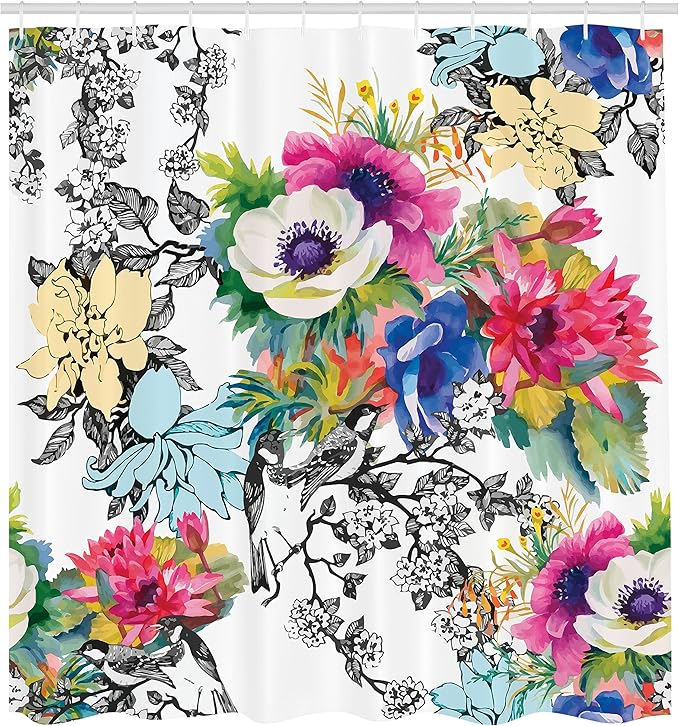 Ambesonne Flower Shower Curtain, Colorful Garden Print of Blossoming Wildflowers and Birds with Leaves Branches of Spring Season, Cloth Fabric Bathroom Decor Set with Hooks, 69" W x 84" L, Magenta