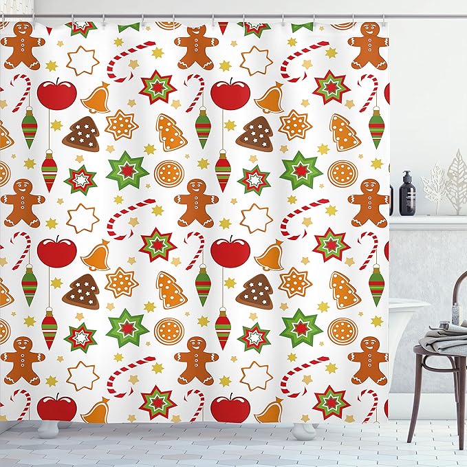 Ambesonne Gingerbread Man Shower Curtain, Christmas Graphic Pattern Star Cookies Apples Bells, Cloth Fabric Bathroom Decor Set with Hooks, 69" W x 70" L, Red Cinnamon
