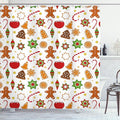 Ambesonne Gingerbread Man Shower Curtain, Christmas Graphic Pattern Star Cookies Apples Bells, Cloth Fabric Bathroom Decor Set with Hooks, 69" W x 70" L, Red Cinnamon