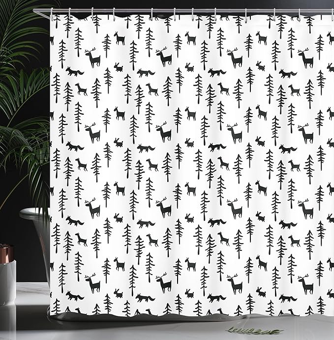 Ambesonne Forest Shower Curtain, Christmas Spirit Inspired Sketchy Reindeer Pine Trees Rabbits Animal Design, Cloth Fabric Bathroom Decor Set with Hooks, 69" W x 75" L, White Black