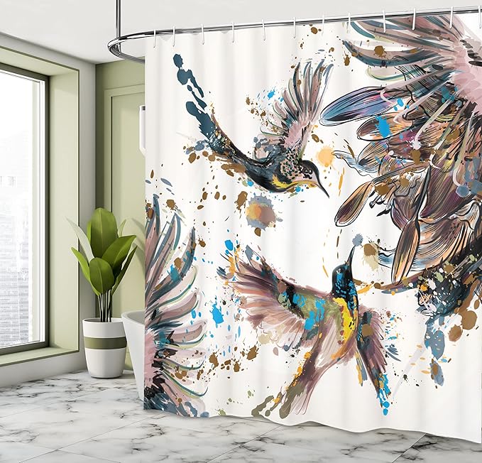 Ambesonne Hummingbird Shower Curtain, Art Lily Flowers Birds and Color Splashes in Watercolor Painting Style, Cloth Fabric Bathroom Decor Set with Hooks, 69" W x 70" L, Blush Teal