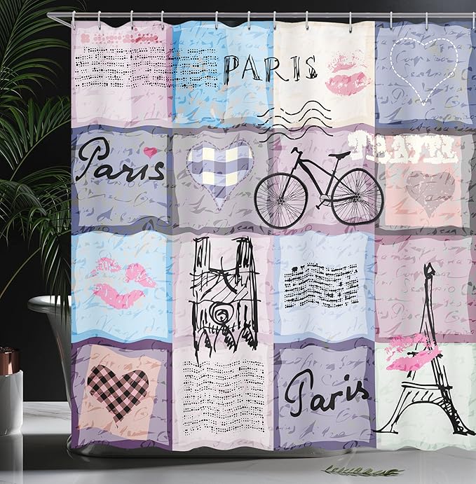 Ambesonne Paris Shower Curtain, Grunge Textured Retro Collage of France Famous Object Eiffel Tower Europe Theme, Cloth Fabric Bathroom Decor Set with Hooks, 69" W x 70" L, Multicolor Lilac