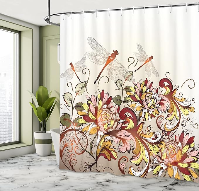 Ambesonne Spring Shower Curtain, Flower Field Foliage with Dragonflies Season Shabby Classic Leaves Pattern, Cloth Fabric Bathroom Decor Set with Hooks, 69" W x 70" L, Orange Ruby Rose