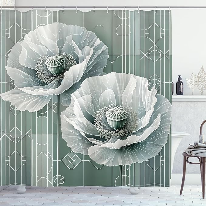 Ambesonne Green Shower Curtain, Futuristic Design of Poppy Flowers with Dreamy Petals and Scandi Lines, Cloth Fabric Bathroom Decor Set with Hooks, 69" W x 84" L, Blue Grey Dark Cadet Blue