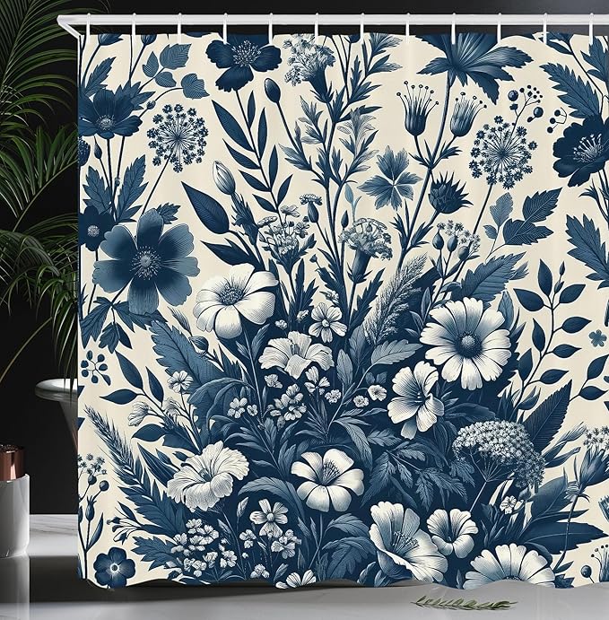 Ambesonne Navy Blue Shower Curtain, Vintage Style Cottagecore Spring Night Floral Arrange Wildflowers, Cloth Fabric Bathroom Decor Set with Hooks, 69" W x 70" L, Dark Slate Blue Coconut