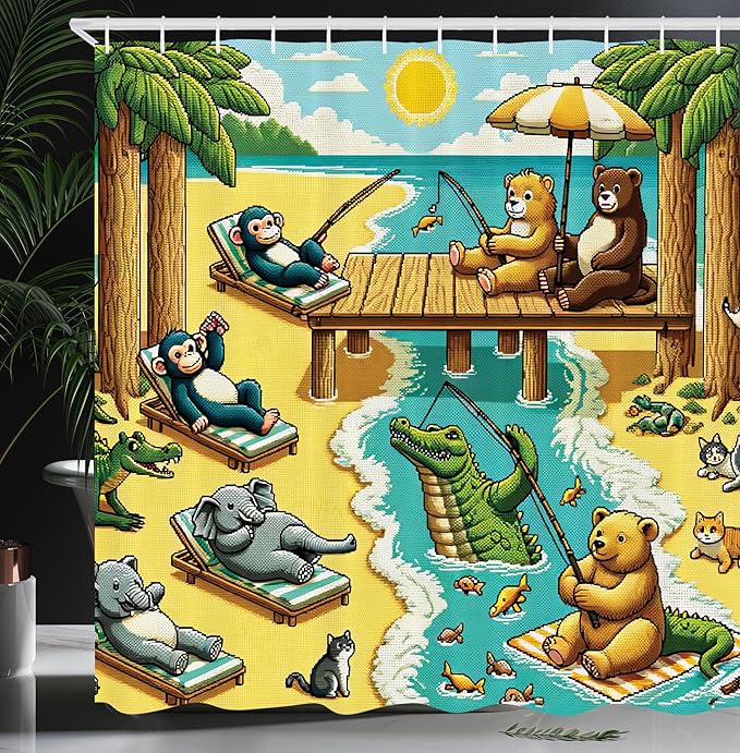 Ambesonne Funny Animals Shower Curtain, Sunbathing Elephants Monkeys Fishing Bears Swimming Gator Happy Day, Cloth Fabric Bathroom Decor Set with Hooks, 69" W x 84" L, Yellow Aqua Green