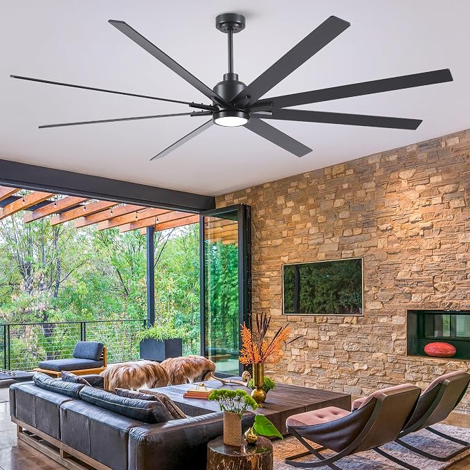 Rayqueen 84 Inch Black Ceiling Fans with Lights and Remote,Includes Downrod | Black Blades,6 Speed Reversible DC motor,3-color temperature dimmable LED.5.9/11.8/23.6 inch downrod