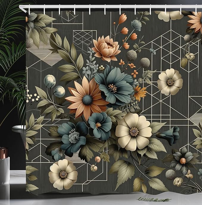 Ambesonne Floral Shower Curtain, Abstract Mysterious Flowers Bouquet with Symmetric Lines on Dark Backdrop, Cloth Fabric Bathroom Decor Set with Hooks, 69" W x 75" L, Dark Teal Peach Camel
