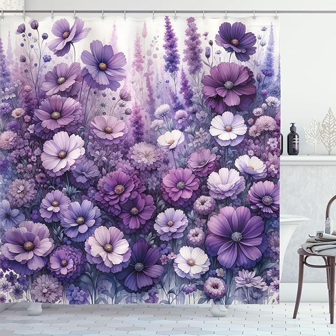 Ambesonne Purple Shower Curtain, Picturesque Cottagecore Style Flowers Meadow Monochromatic Pastel Tones, Cloth Fabric Bathroom Decor Set with Hooks, 69" W x 84" L, Lilac Lavender Quartz
