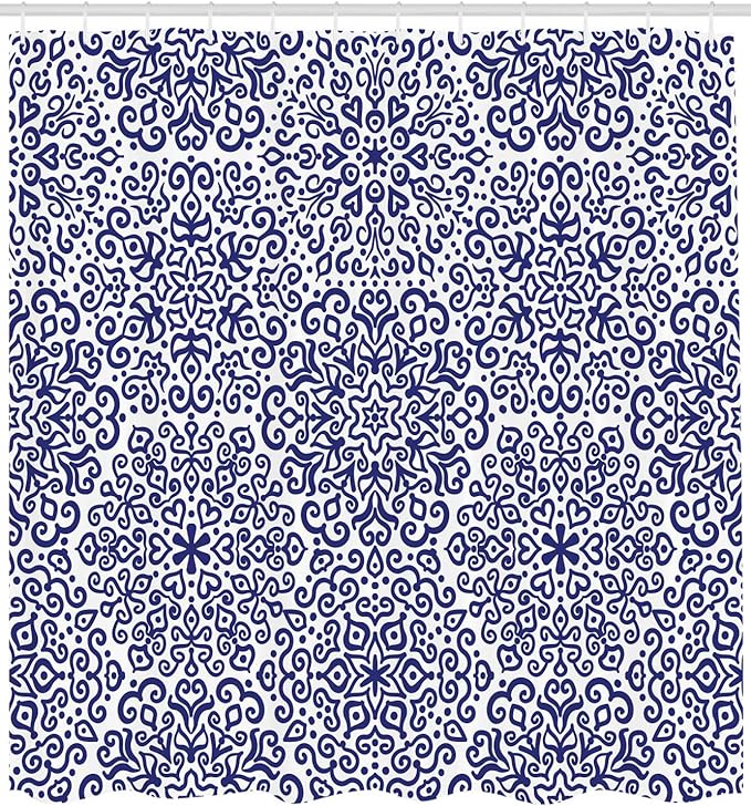 Ambesonne Indigo Shower Curtain, Mandala Pattern of Blooming with Trippy Flowery Hearts on Plain Backdrop Print, Cloth Fabric Bathroom Decor Set with Hooks, 69" W x 75" L, Indigo and White