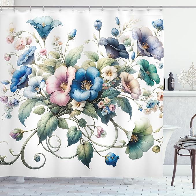 Ambesonne Floral Shower Curtain, Trippy and Bold Colorful Bellflowers in a Spring Morning on Plain Back, Cloth Fabric Bathroom Decor Set with Hooks, 69" W x 75" L, Deep Sky Blue Multicolor