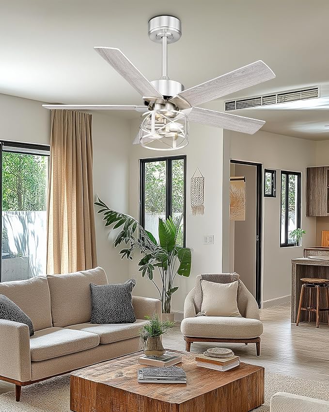 YOUKAIN 42 Inch Ceiling Fans, Farmhouse Ceiling Fans with Lights and Remote, 5-Reversible Blades with Gray Oak/Brushed Nickel Finish, 42-YJ632-BNW