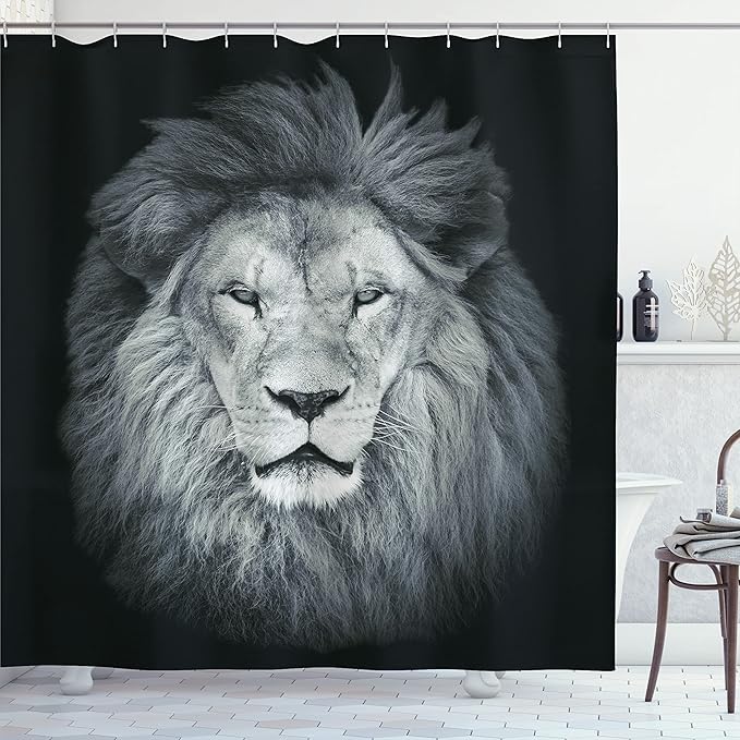 Ambesonne Savannah Shower Curtain, Huge Lion Head with Fure Mane Against Dark Background Monochromic, Cloth Fabric Bathroom Decor Set with Hooks, 69" W x 70" L, Green Grey
