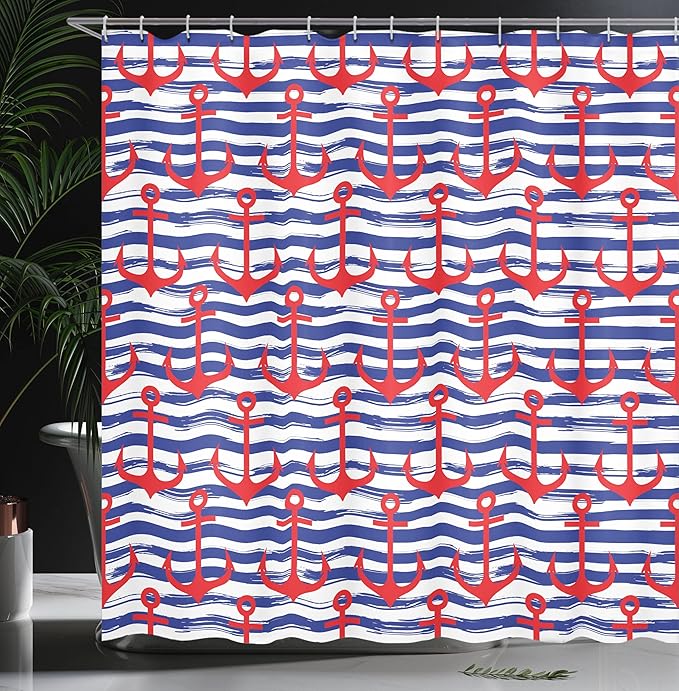 Ambesonne Anchor Shower Curtain, Anchors on Striped Background Geometrical Artwork Holiday Party Gathering, Cloth Fabric Bathroom Decor Set with Hooks, 69" W x 84" L, Navy Blue Red White
