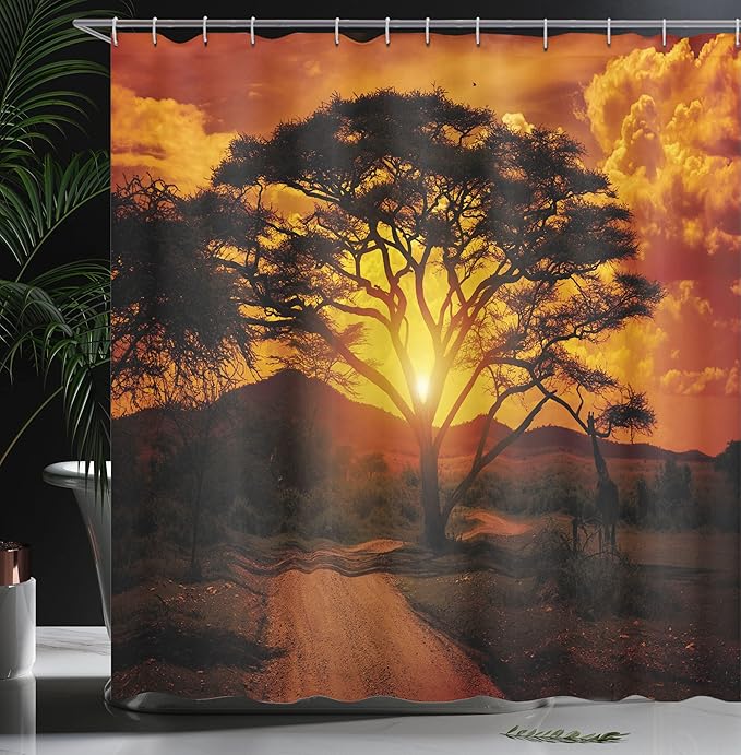 Ambesonne Sunset Shower Curtain, Majestic Tree with Horizon Background Mystic Nature Dramatic Landscape, Cloth Fabric Bathroom Decor Set with Hooks, 69" W x 75" L, Orange Black