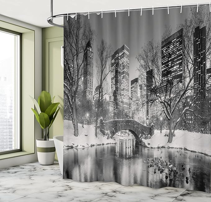 Ambesonne Landscape Shower Curtain, Cityscape New York City in Winter Central Park Snowy Buildings Photo Art, Cloth Fabric Bathroom Decor Set with Hooks, 69" W x 75" L, Dimgrey